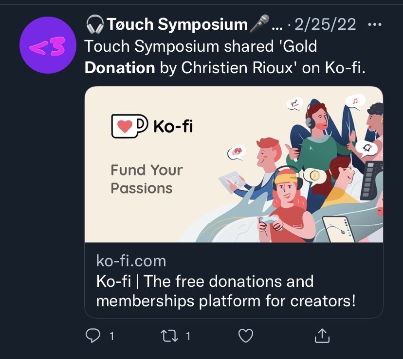 24 Feb 2022 tweet from @Touch_Symposium: 'Touch Symposium shared Gold Donation by Christien Rioux on Ko-fi